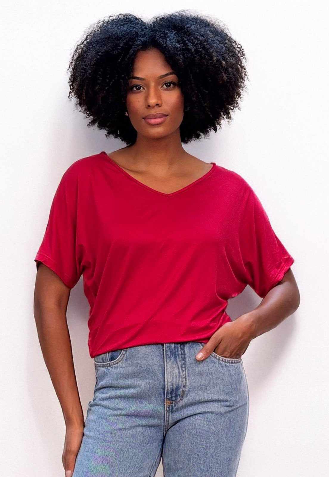 Blusa Amazonia Vital Básica Morcego Malha Gola V Manga Curta Bordô