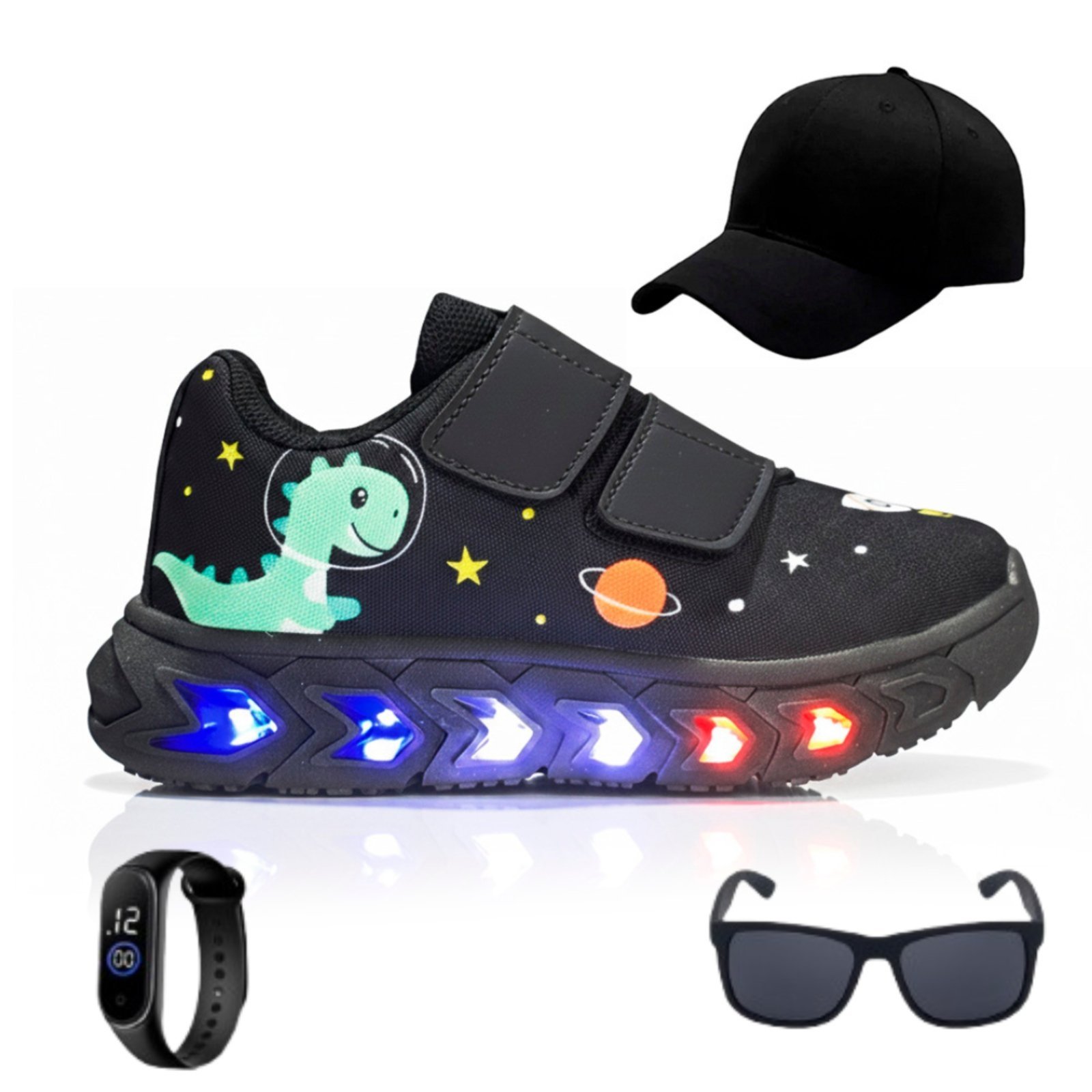 Vista 2 Infantil - Kit Premium para Meninos com Tênis de Led Dino Leve e Confortável + Boné + Óculos Escuros + Relógio CALCADOS LGHT LIGHT preto CALCADOS LGHT LIGHT preto
