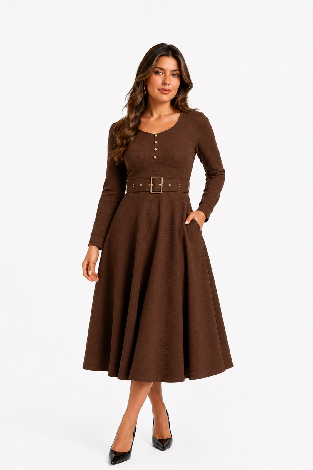 Vestido Midi D Bell Outlet Fashion Malha Texturizada Marrom