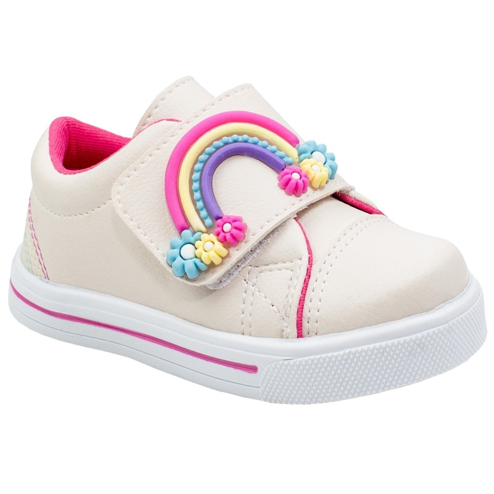 Infantil – Tênis Menina Linda Jú Arco-Íris Brilho Flor Colorido Moda Star Confortável 20 ao 27 Marfim