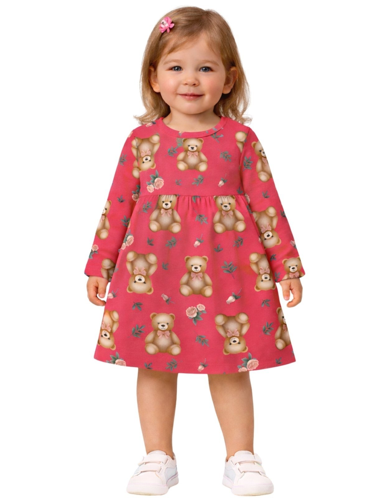 Vista 2 Infantil - Vestido Manga Longa Kyly Ursinhos Carmim rosa Kyly rosa