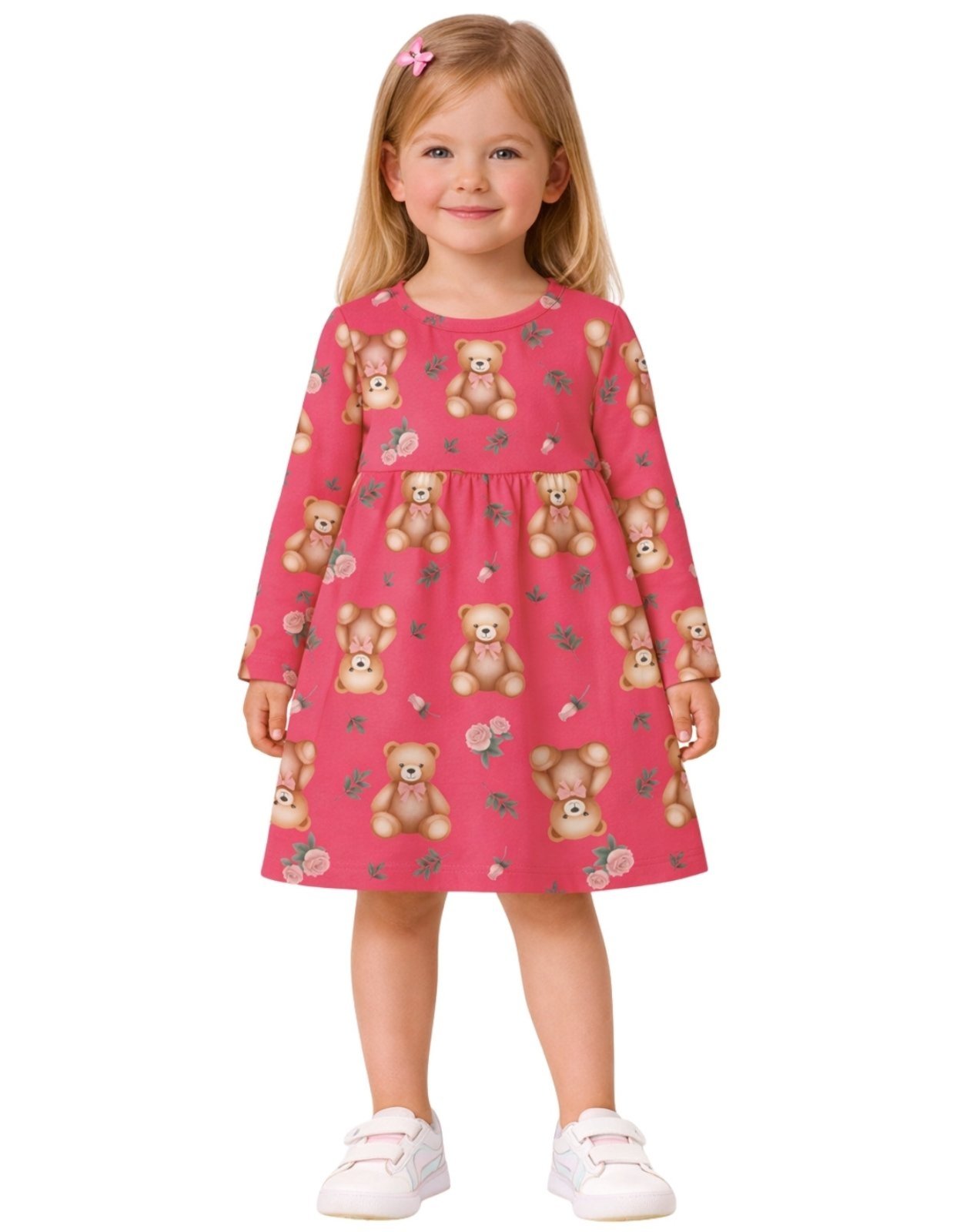 Vista 3 Infantil - Vestido Manga Longa Kyly Ursinhos Carmim rosa Kyly rosa
