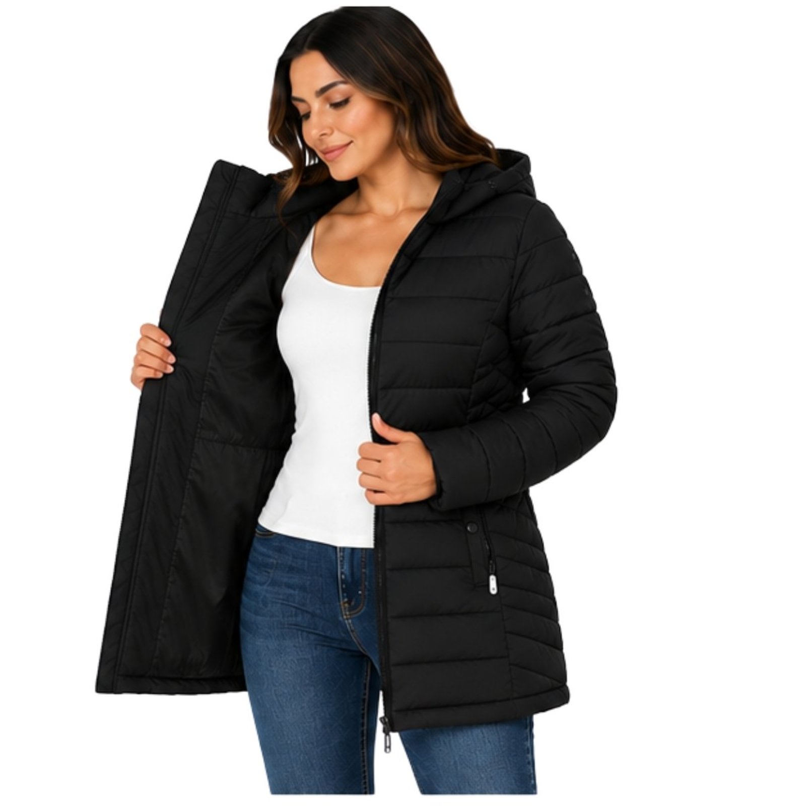 Jaqueta Parka Puffer Feminina Longa Inverno Capuz Casaco Nylon Premium Preto