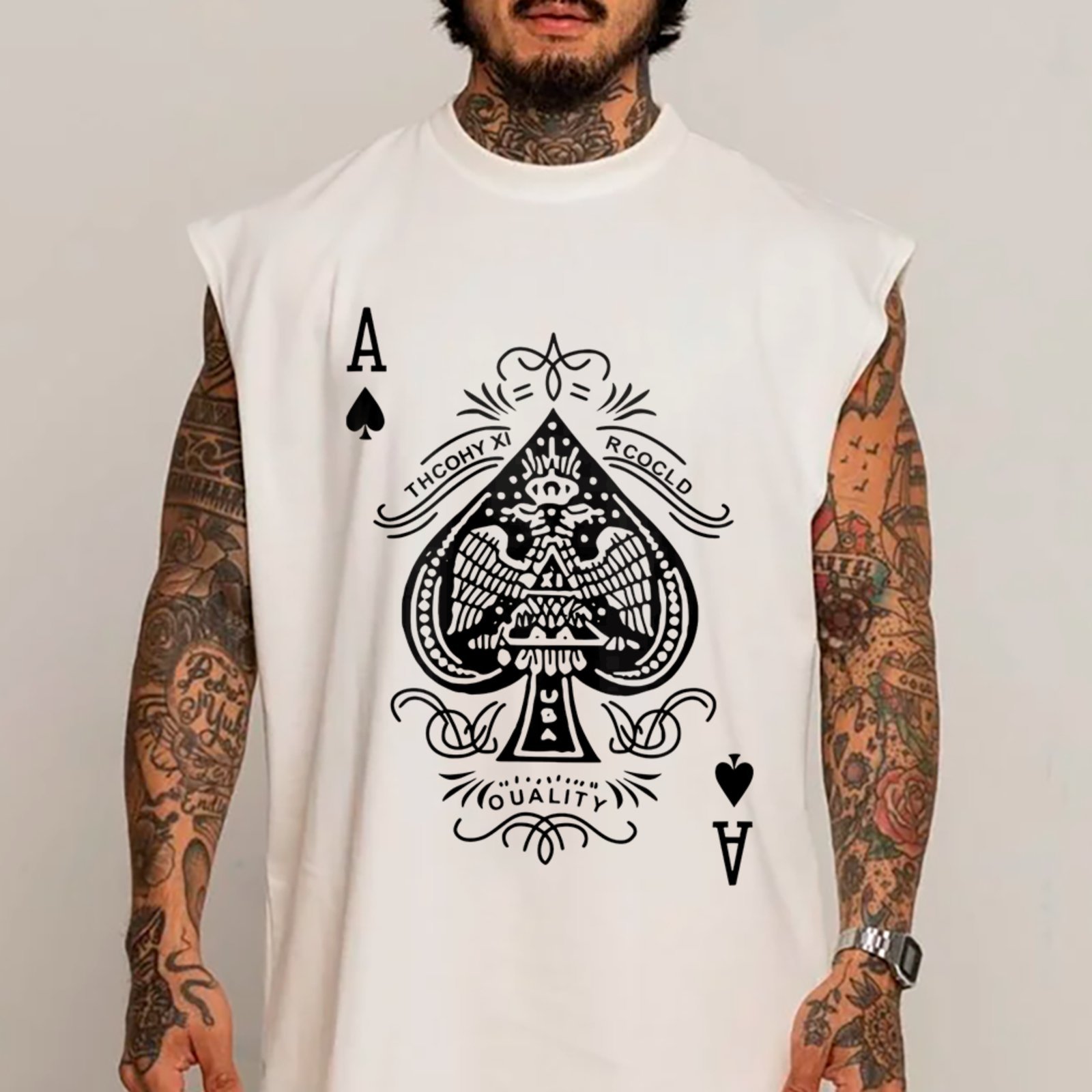 Camiseta Regata Machão Ás Espadas Poker Baralho Estilo Cassino Branco