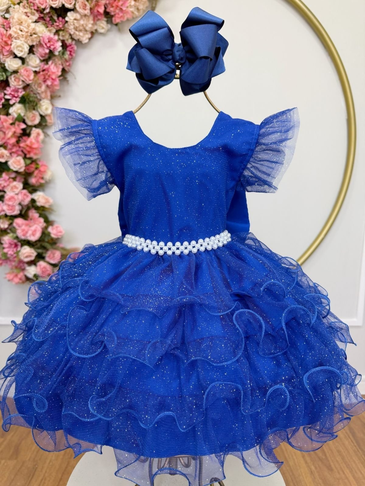 Infantil - Vestido Festa Azul Royal Cobalto Formatura Florista Casamento Babados Dama Daminha Social Menina Juvenil Pérolas Princesa Rodado Aniversário Luxo