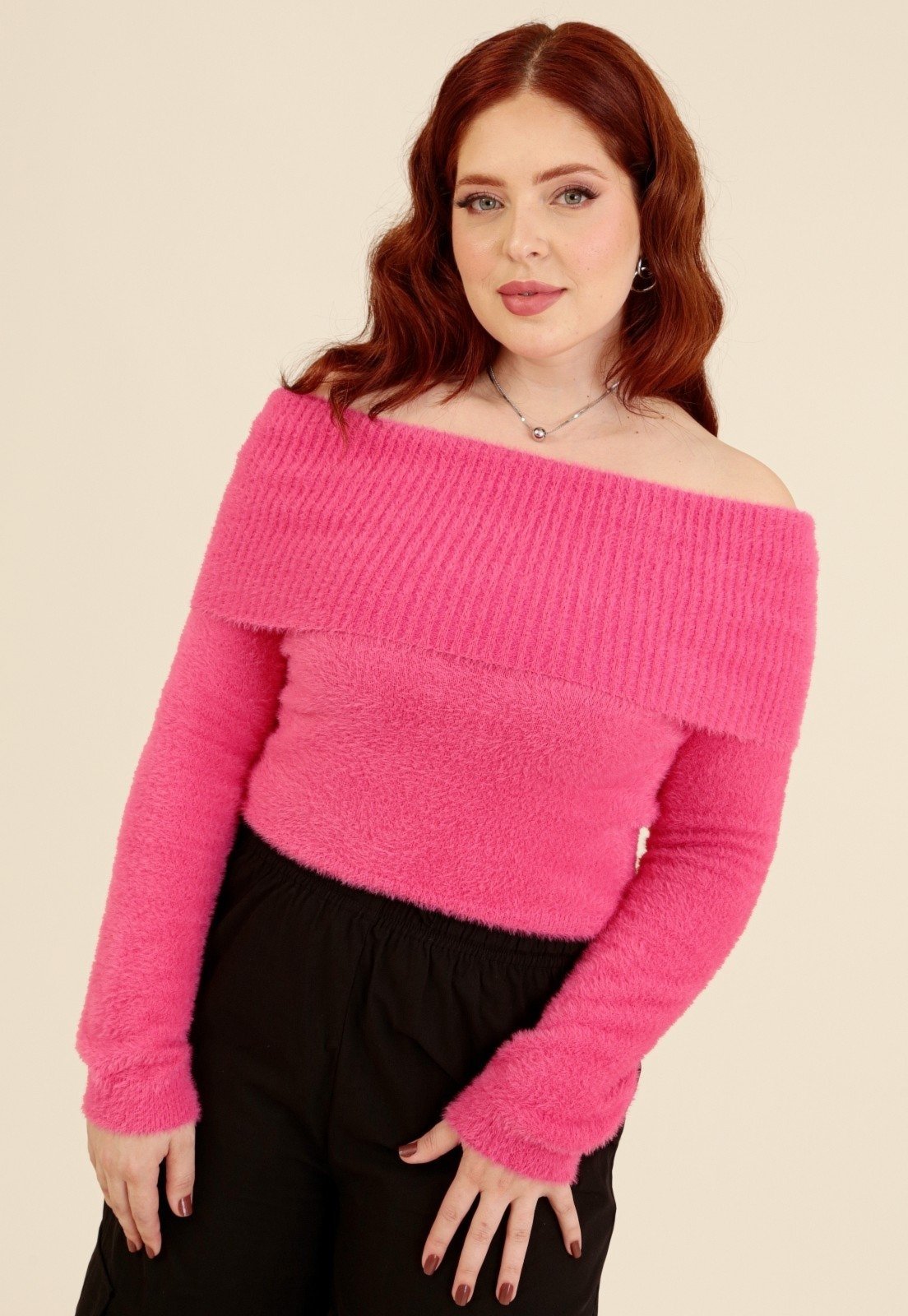 Blusa Pop Me Tricô Pelinho Ombro A Ombro Rosa
