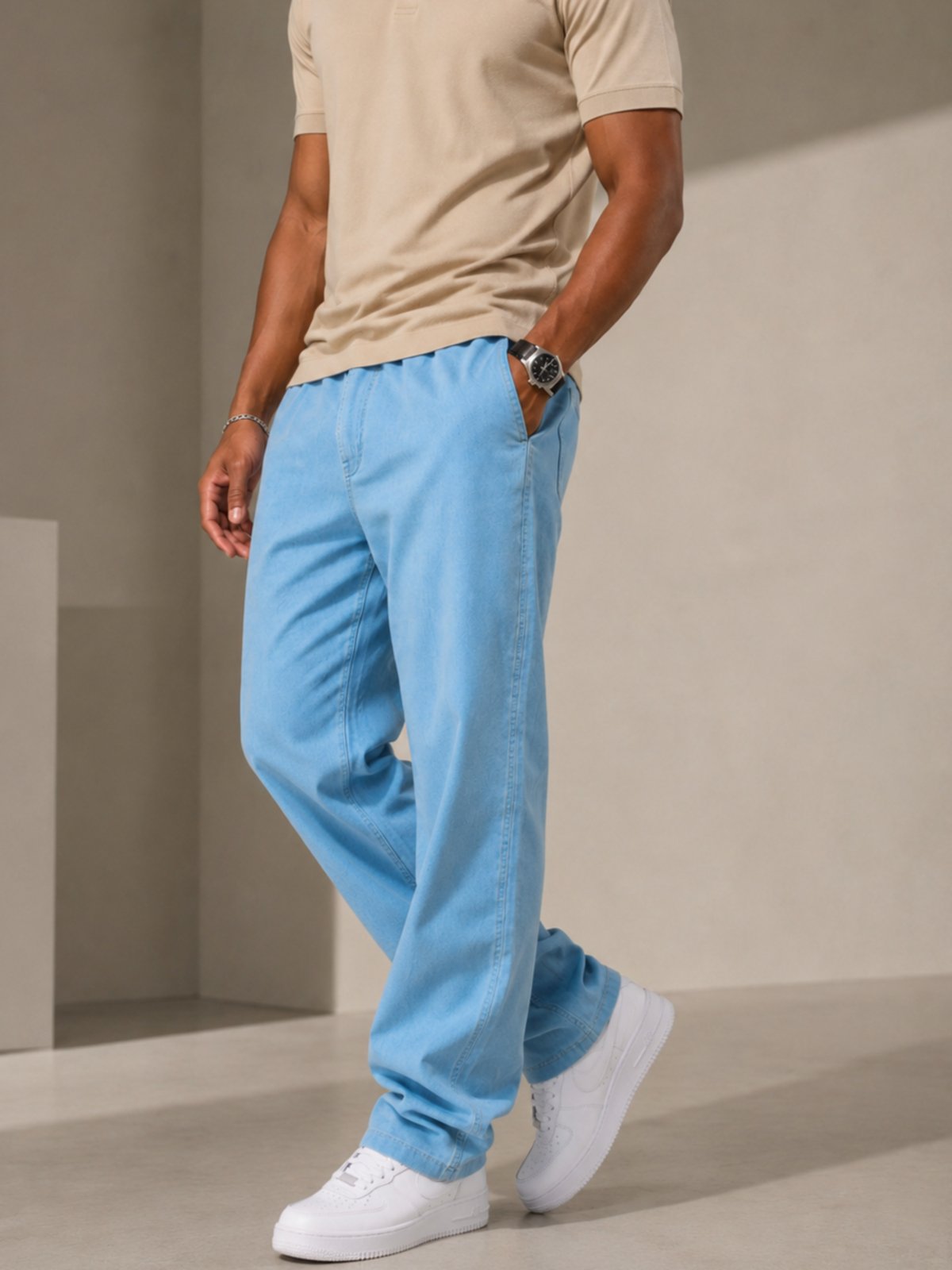 Calça Sarja Masculina Barra Yellow Jeans Confortável Estilosa Azul Lavagem Clara