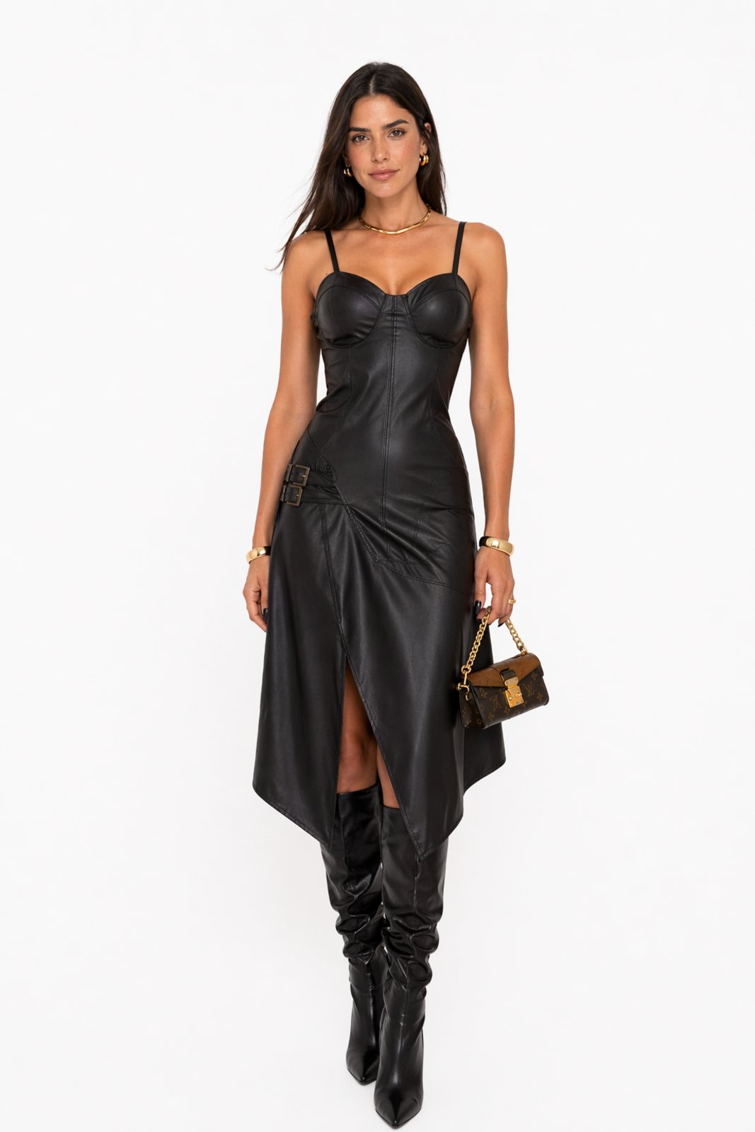 Vestido Midi D Bell Outlet Fashion Alcinha Couro Preto