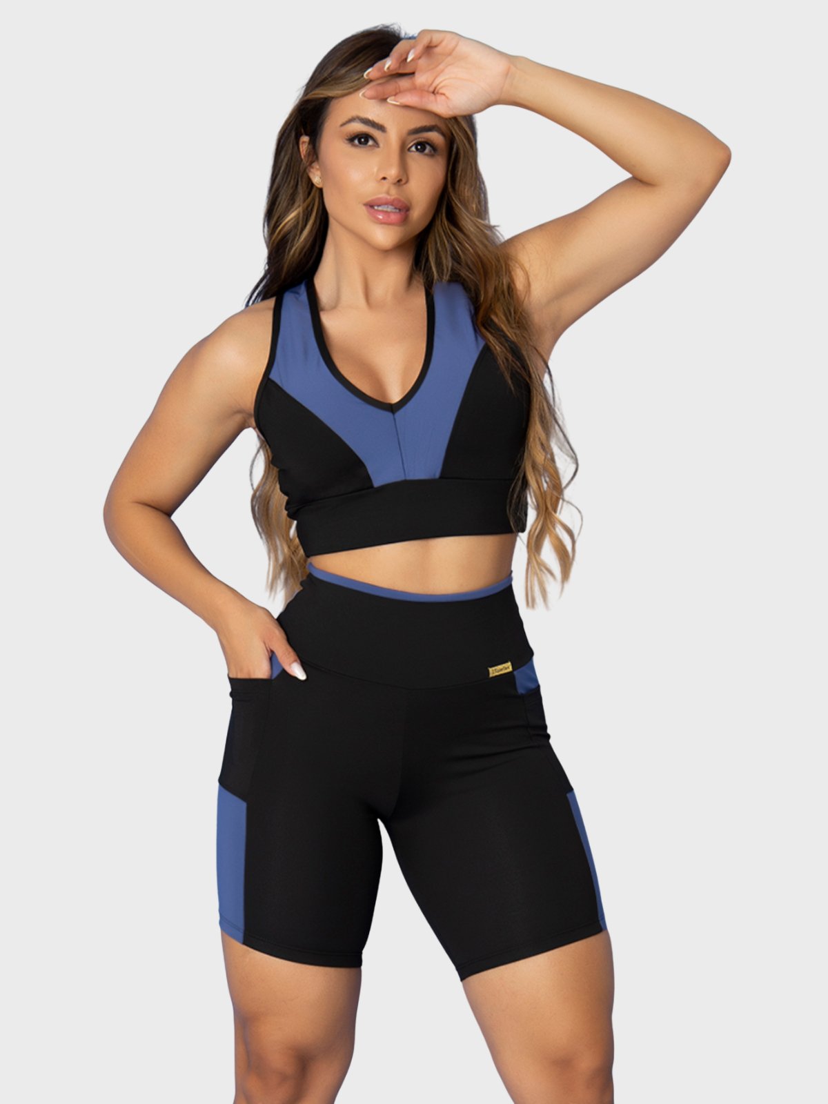 Conjunto Fitness Tarelles Top Short Bolso Preto e Azul