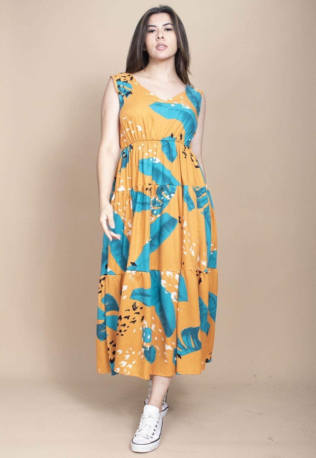 Vista 3 Vestido Cabanafree Regata Longo Peri Viscose Camadas Estampa Aurora Botânica Cabanafree azul/estampado/preto