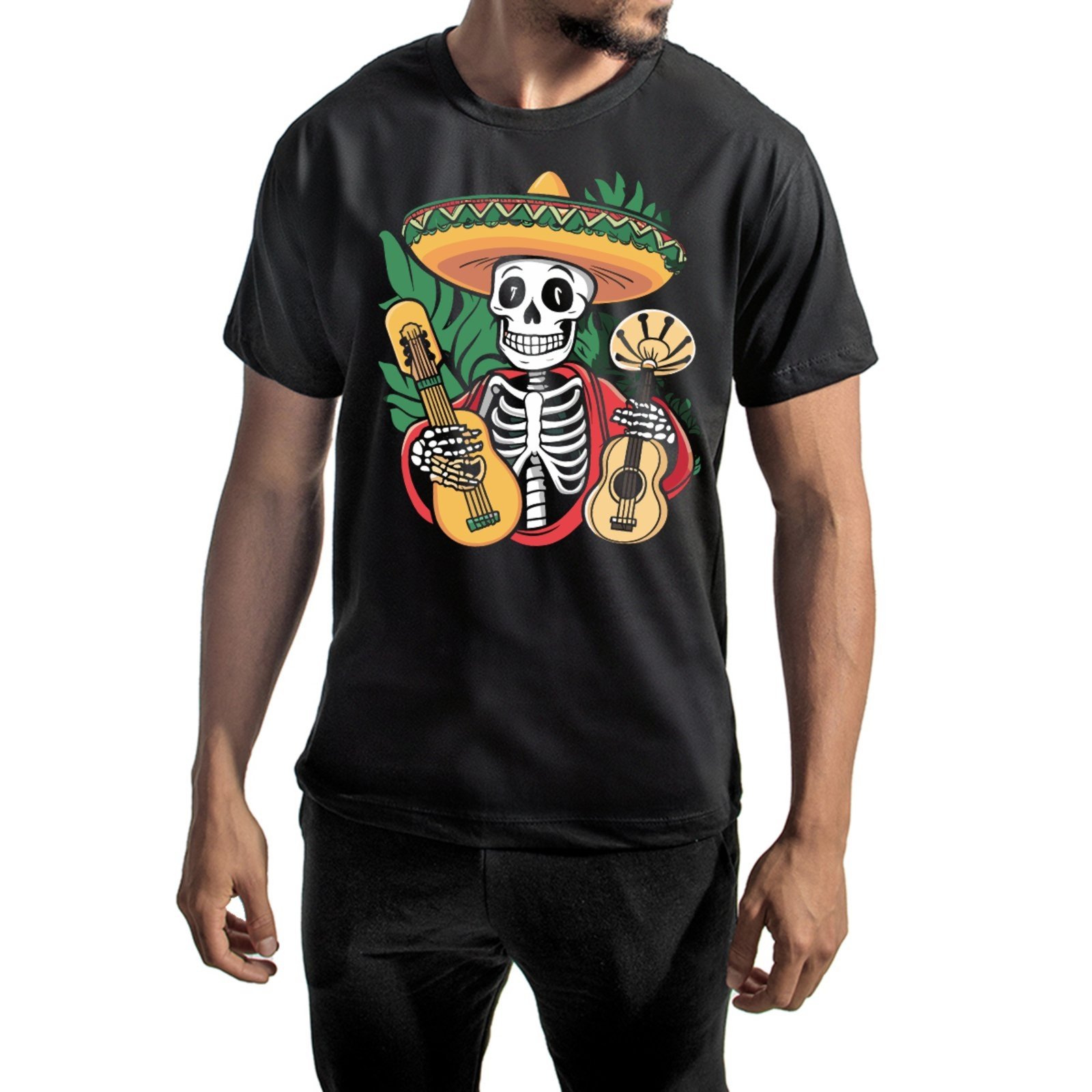 Vista 3 Camiseta Masculina Algodão Camisa Algodão Casual Street Caveira México Sombreiro BREDENI preto BREDENI preto