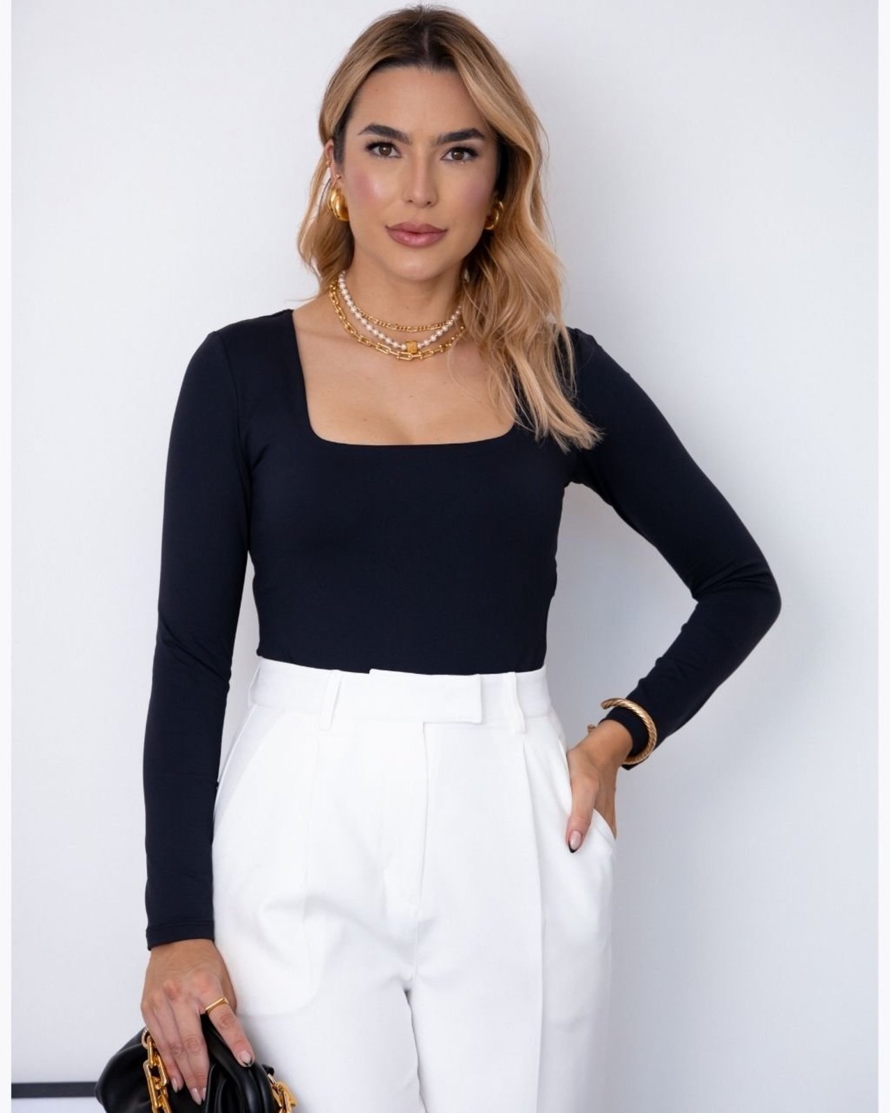 Body MOS Feminino Manga Longa com Decote Quadrado em Poliamida Premium Preto – Mariana Olympio