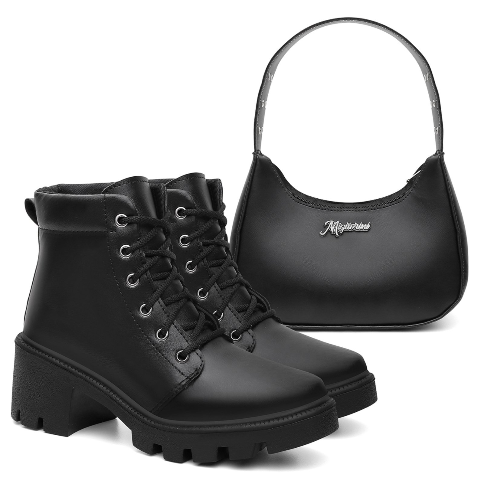 Bota Coturno Tratorado Preto Plataforma Blogueira Casual Básico Dia A Dia Acompanha Bag Meia Lua Estilosa