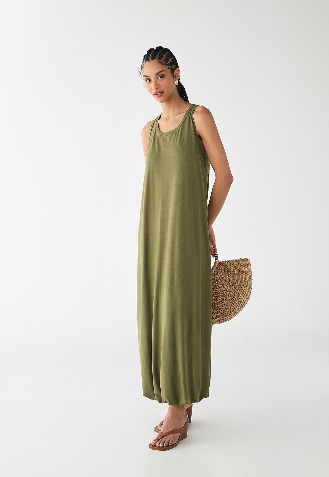 Vestido Midi Feminino CaCay Balonê Nadador Verde Musgo