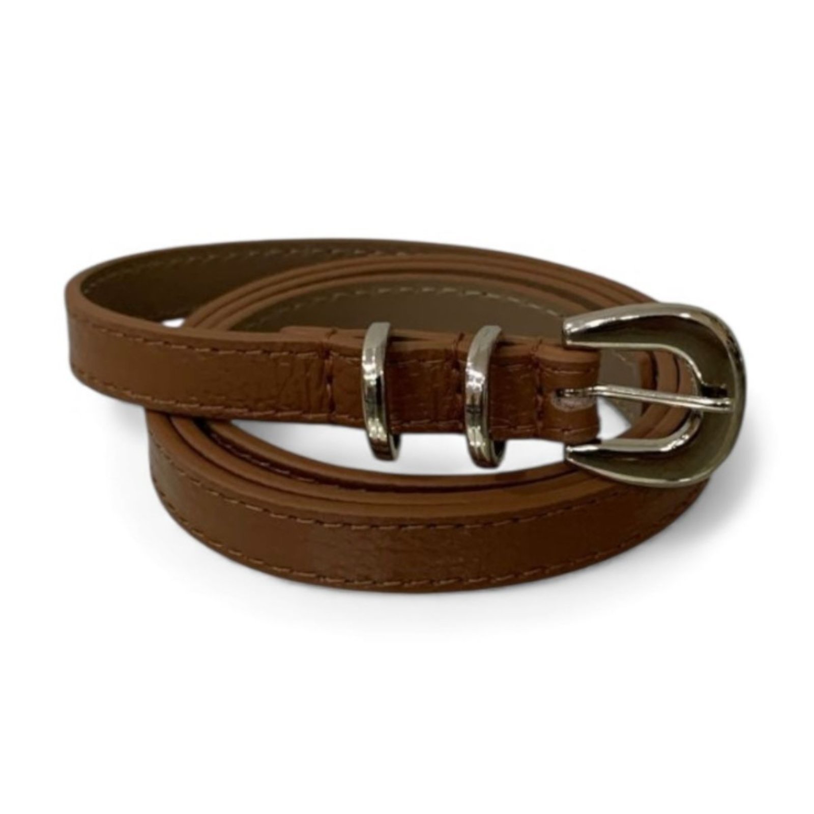 Vista 3 Cinto Feminino em Couro Fivela Prata Redonda 001 Mariart caramelo Mariart caramelo
