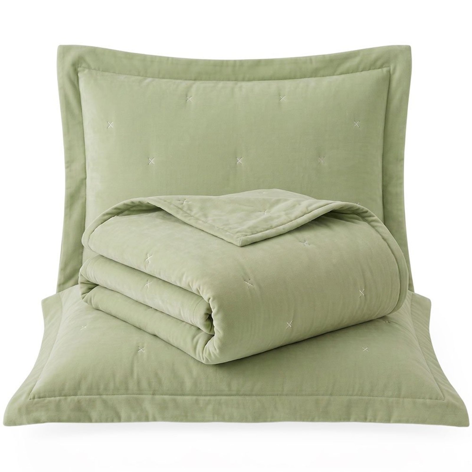 Kit Cobre Leito Max Queen Percal 300 Fios Colcha Dupla Face Bordado Matelassê 3 Peças Verde