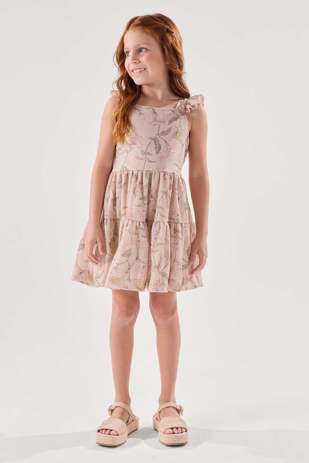Infantil - Vestido Areia com Brilho e Laço nas Costas