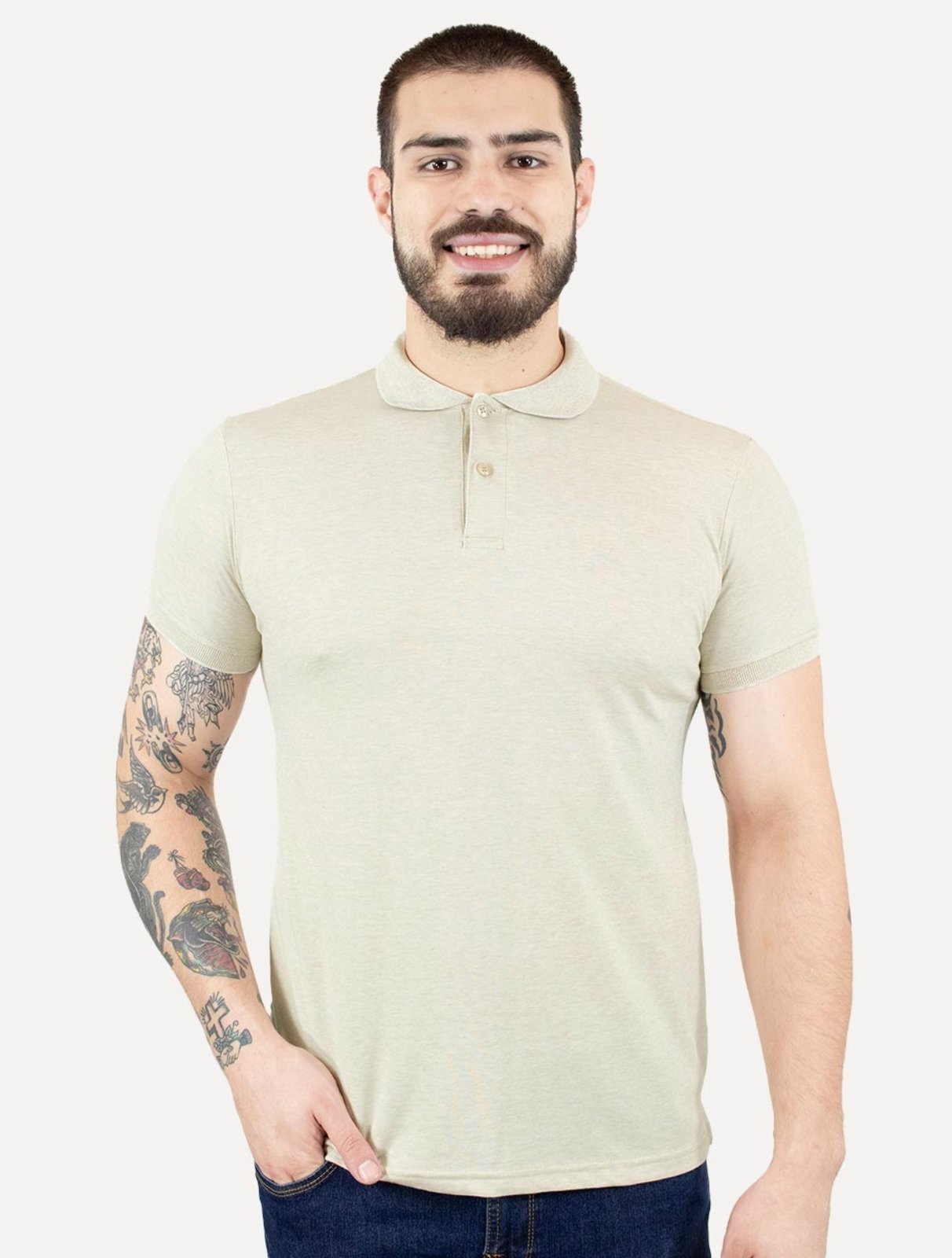 Polo Masculina Piquet Gola Lisa Cáqui Mescla Claro