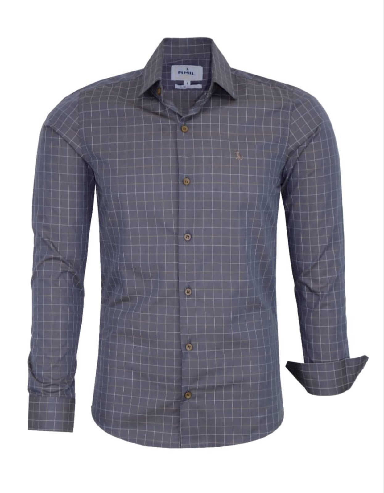Camisa Social Amil Slim Ponyta Algodão Micro Xadrez Manga Longa Luxo Marrom