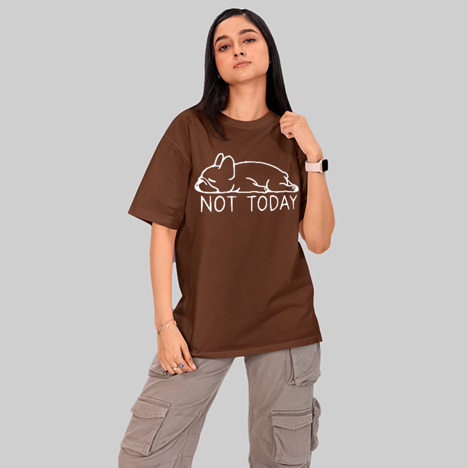 Camiseta Oversized Bulldog Not Today Funny Unissex Marrom