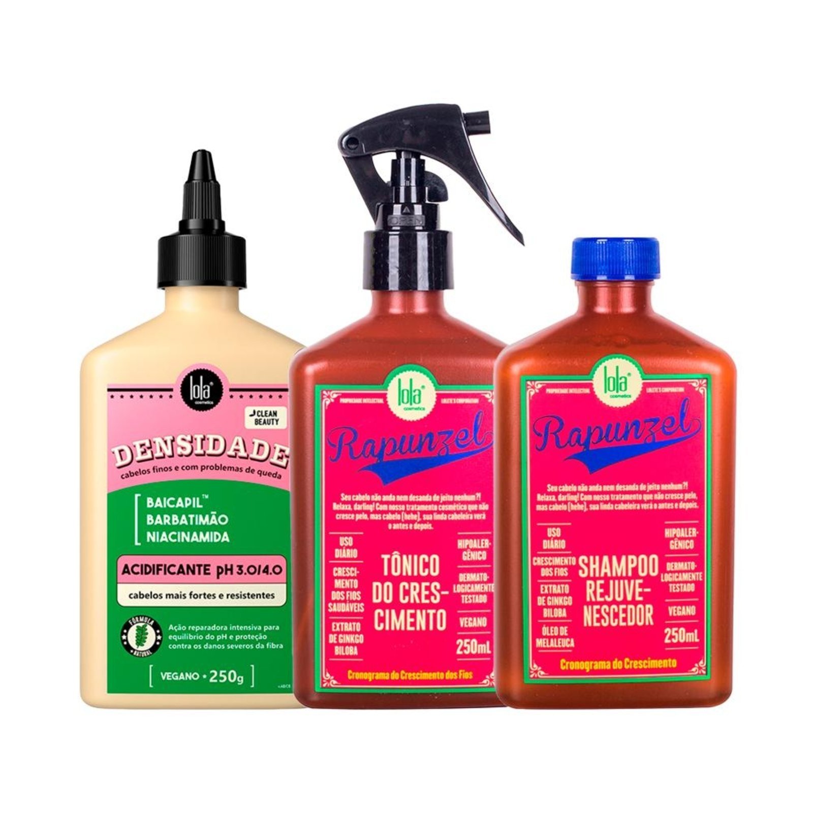 Kit Lola From Rio – Acidificante Densidade 250g + Shampoo Rapunzel 250ml + Tônico Rapunzel 250ml