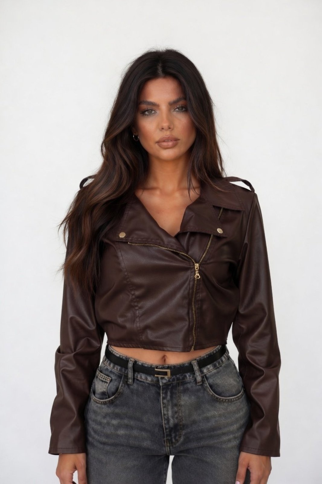 Jaqueta Cropped D Bell Outlet Fashion Couro Marrom
