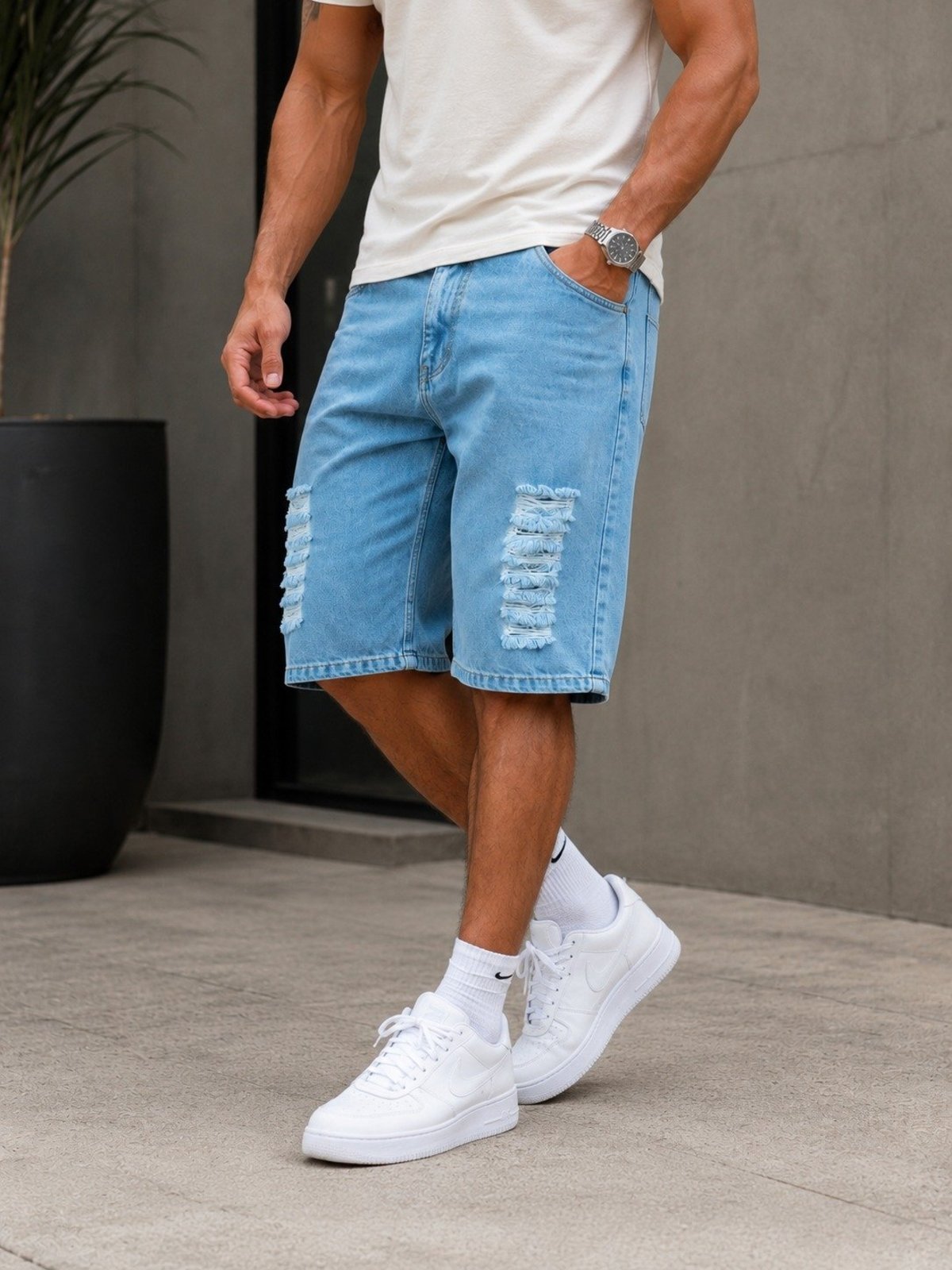 Bermuda Balão Jeans Destroyed Masculina Kovali Casual Básica Confortável Delave