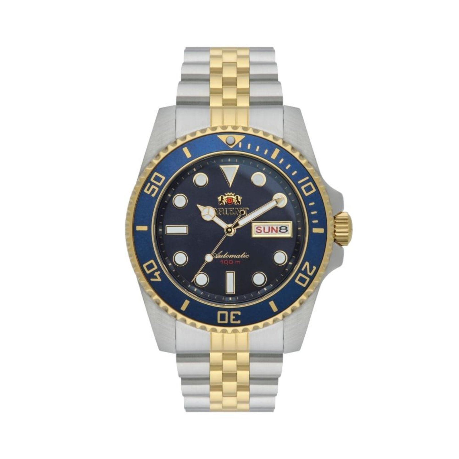 Relógio de Pulso Masculino Automatic Orient Correia Prata Visor Bisel Azul/Dourado F49MM033 D1SX Coleção Exclusiva Prata