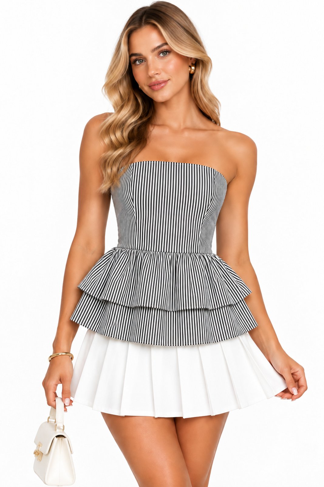 Blusa Tomara que Caia Listrada D Bell Outlet Fashion Peplum Duplo Preto