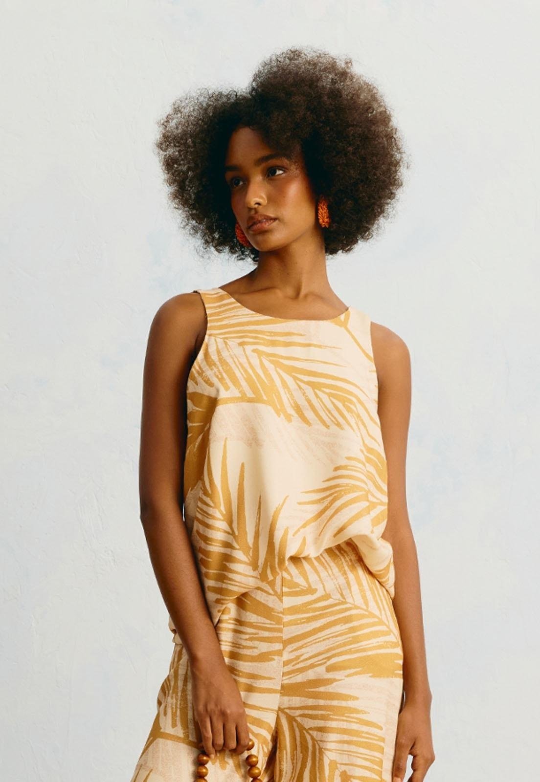 Blusa Básica Estampada Palma Colombiana Amarelo