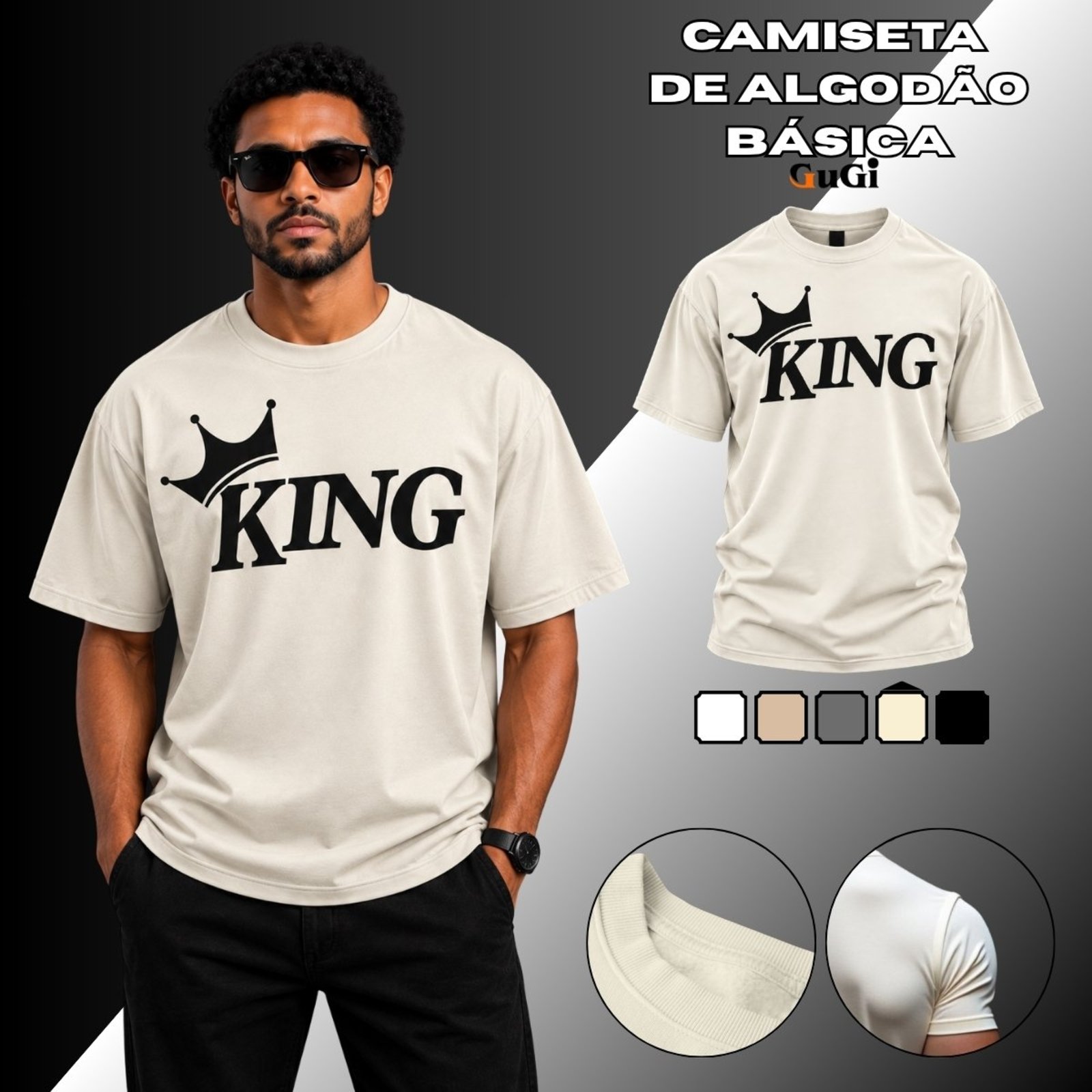 Camiseta Masculina Coroa King Streetwear 100% Algodão Off White