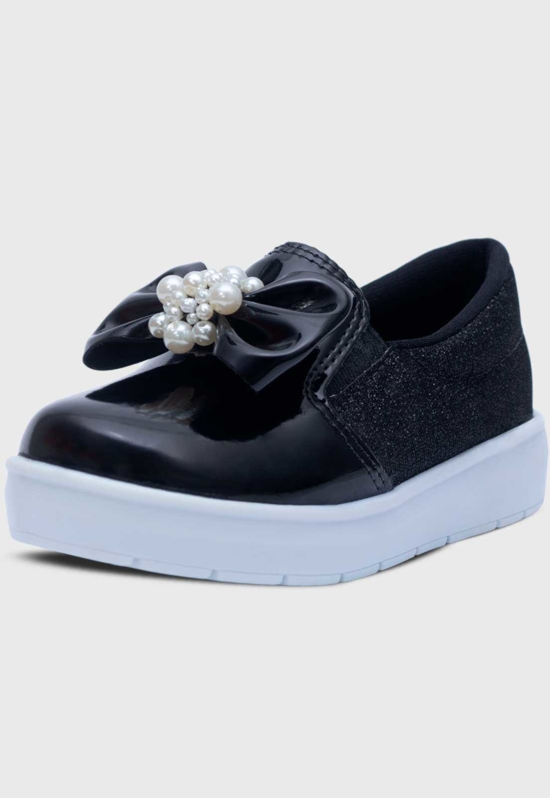 Infantil – Tenis Slip On Feminino Popidi Laço Perola Preto