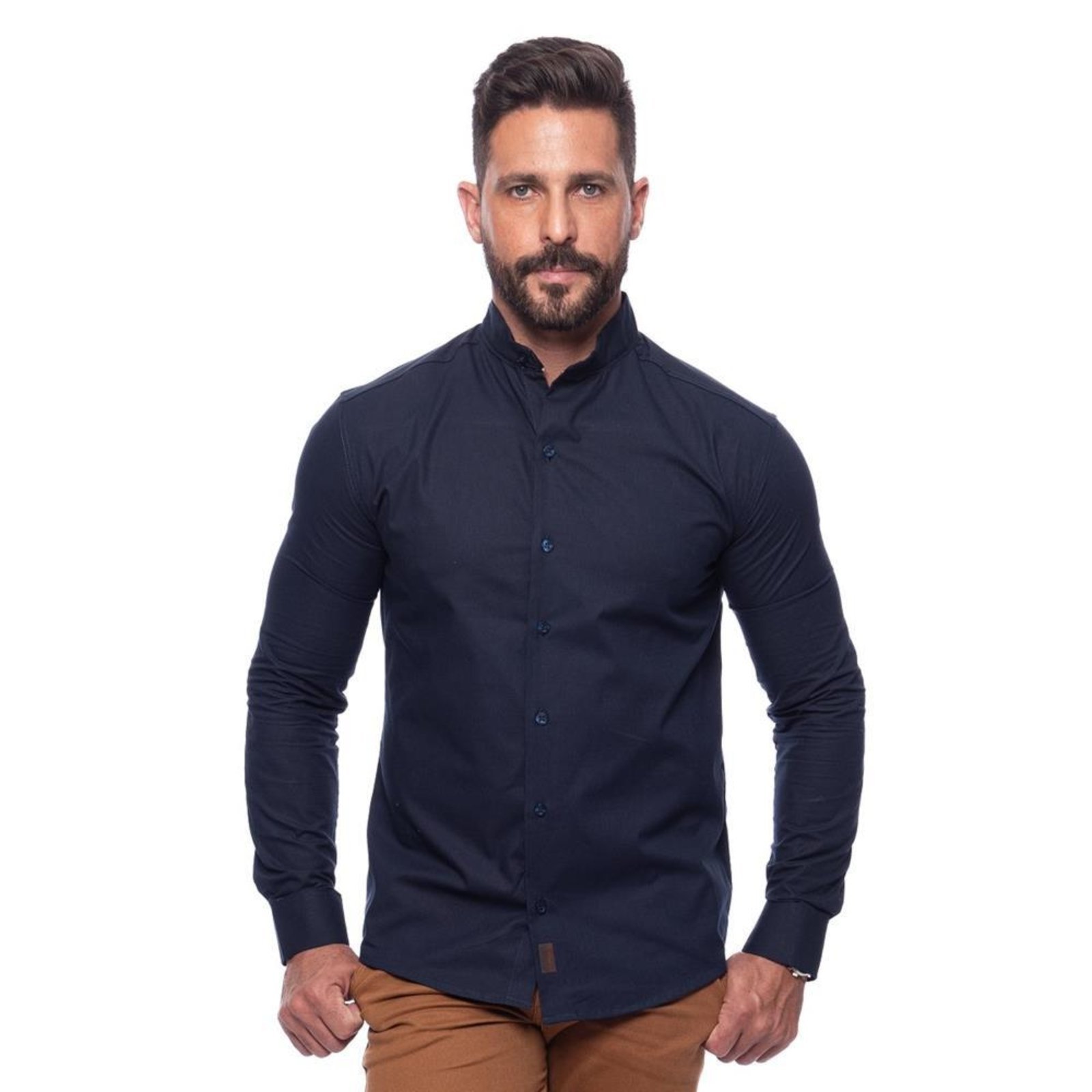 Camisa Masculina Linho Manga Longa Gola Padre Lisa Casual Azul Claro G Azul Marinho