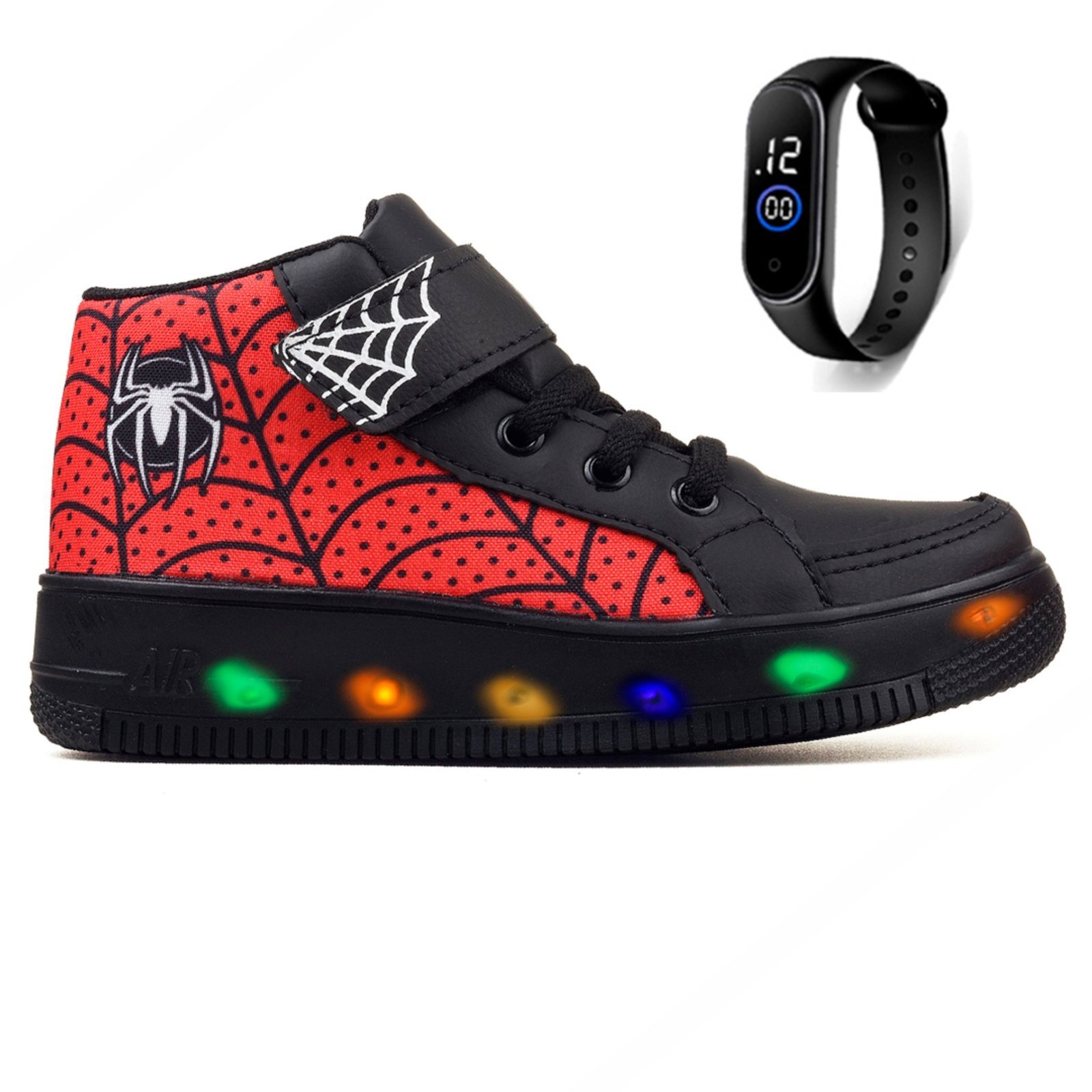 Infantil – Tenis Botinha de Led Meninos Aranha Heroi Preto + Relogio