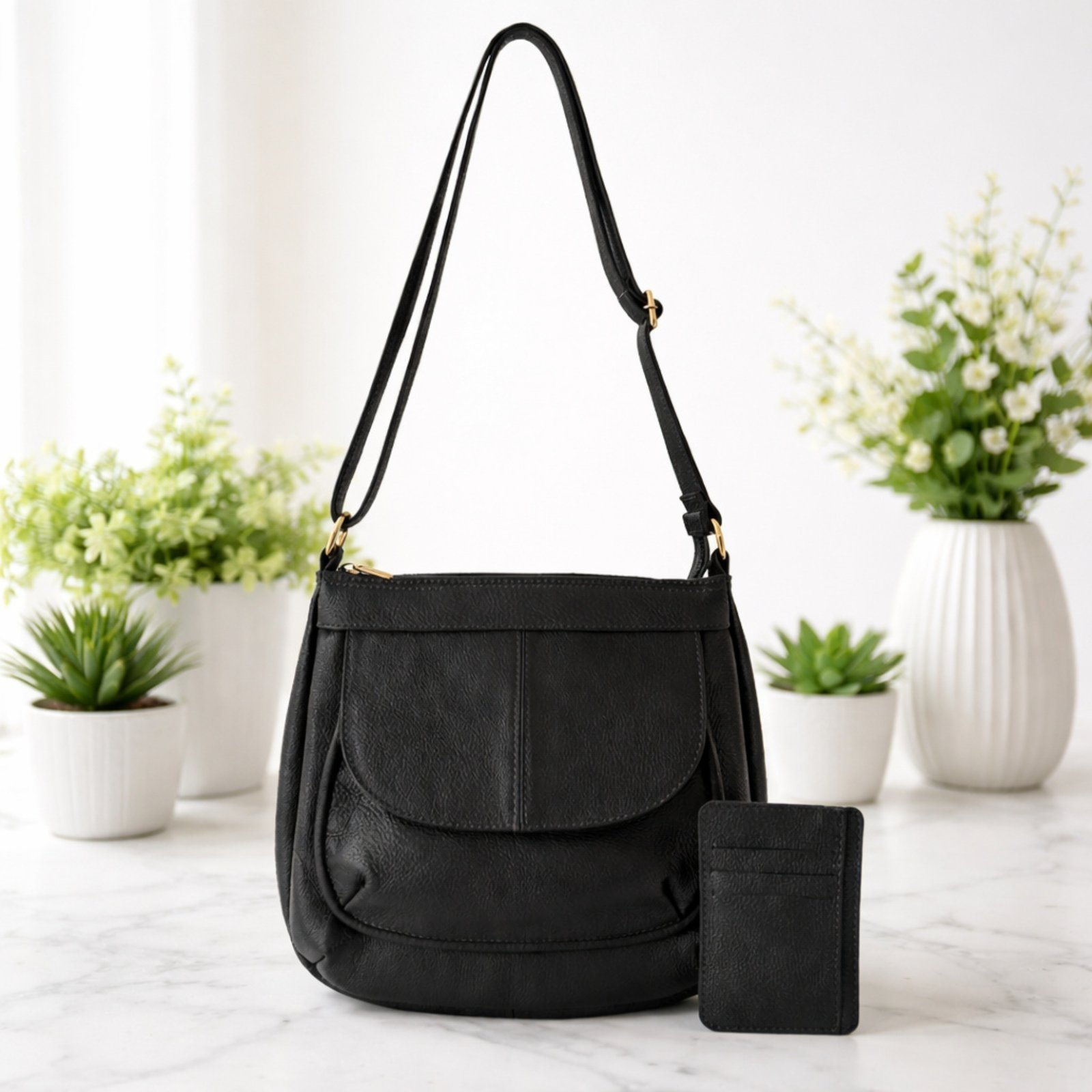 Kit Bolsa e Porta Cartões TopGrife Couro Preto