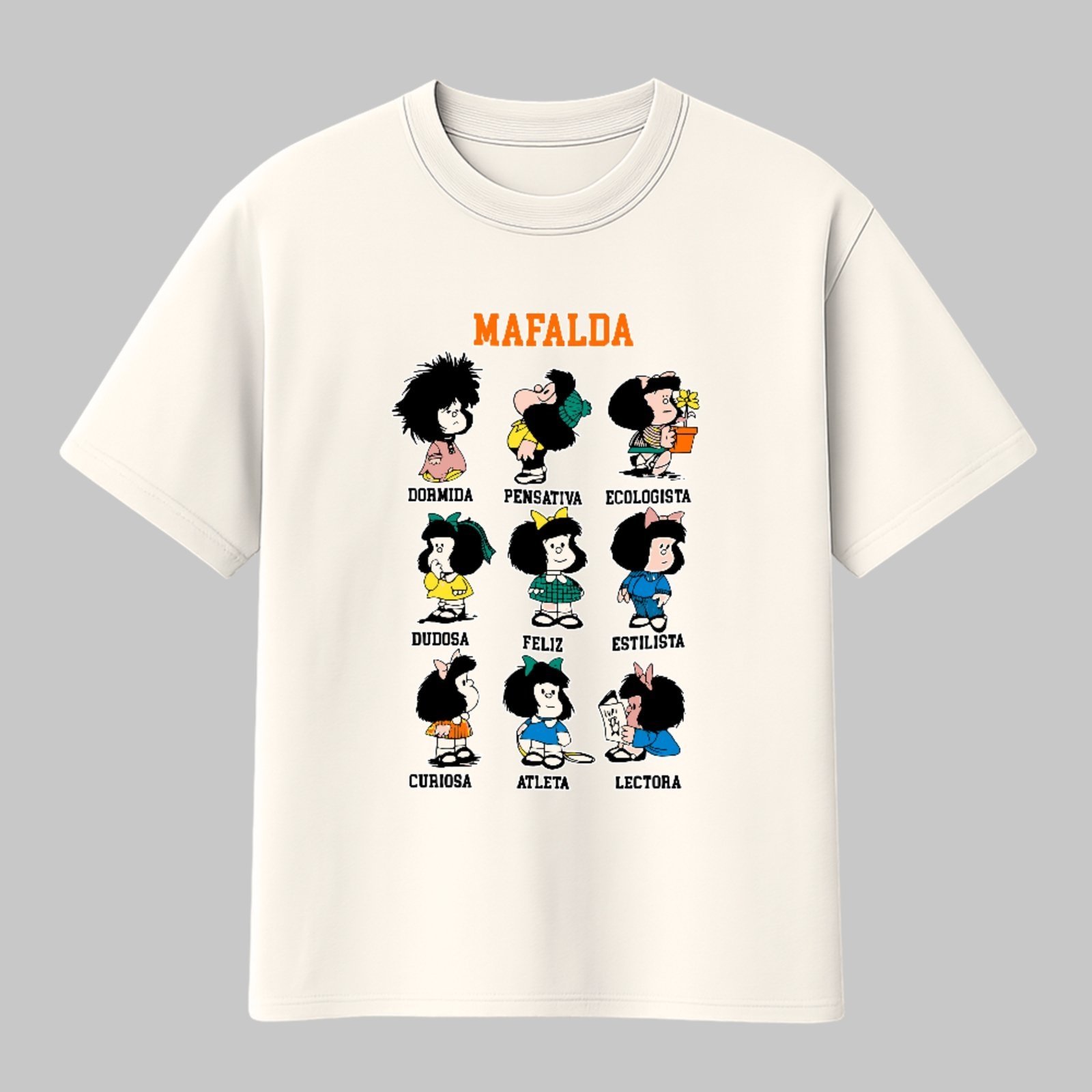 Camiseta Básica Personalidades Divertidas Mafalda Estampa Icônica Unissex Off White