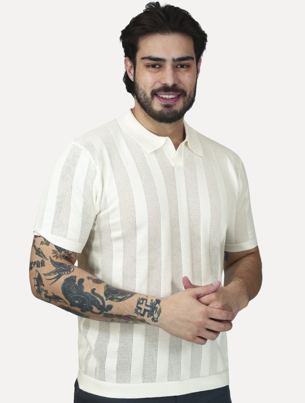 Polo Dixen Masculina Tricot Vertical Manga Curta Off-White