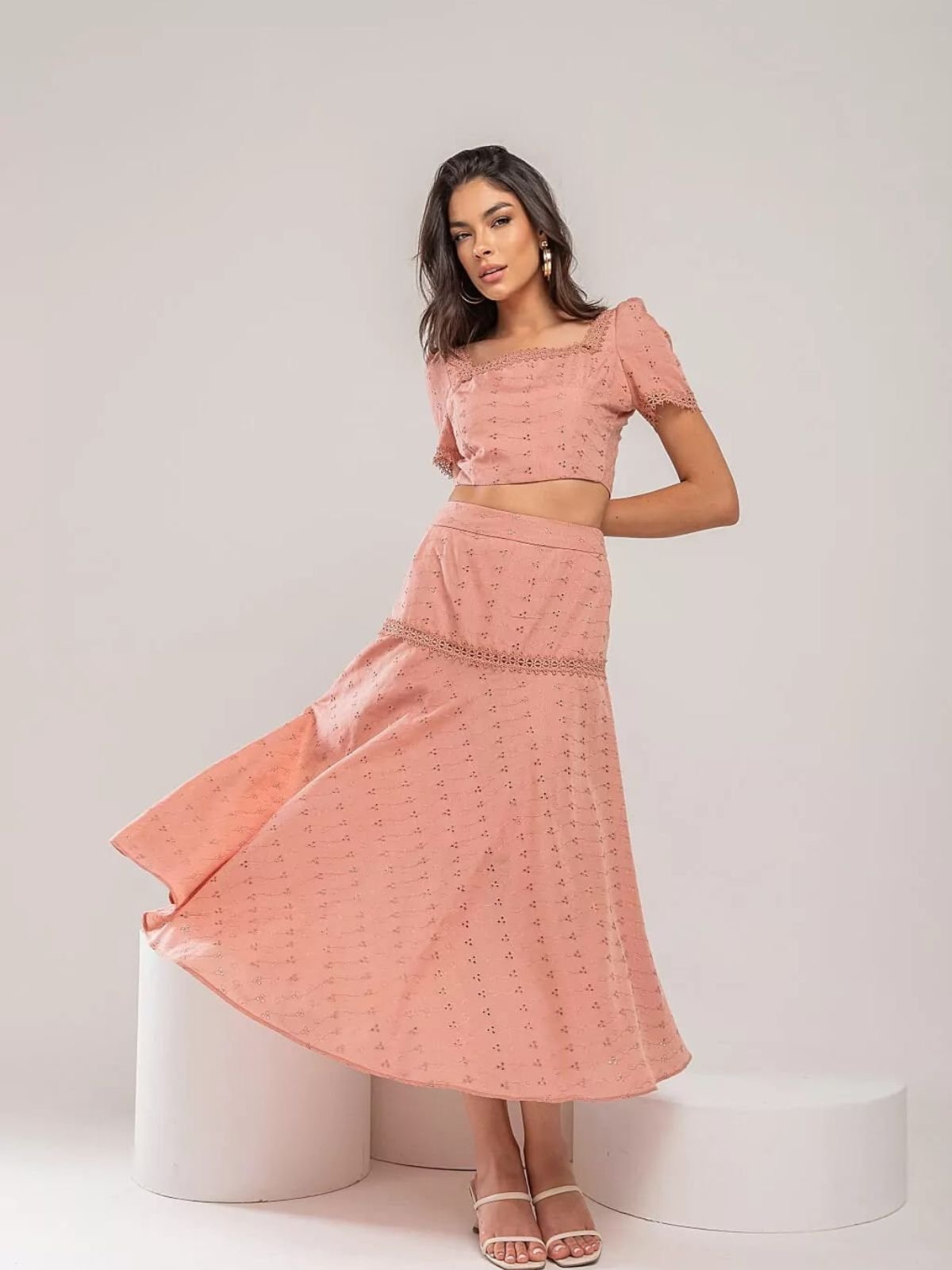 Conjunto Cropped e Saia em Laise Lily Daisy LD501 Rose