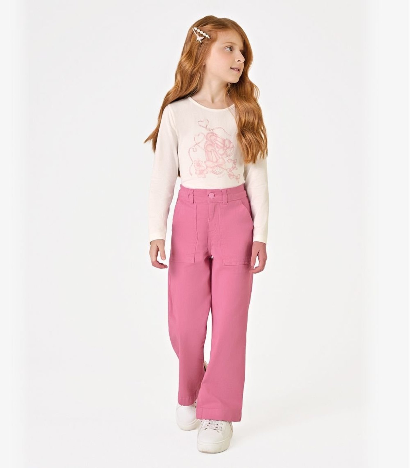 Infantil - Calça Feminina Wide Leg Sarja Trick Nick Rosa