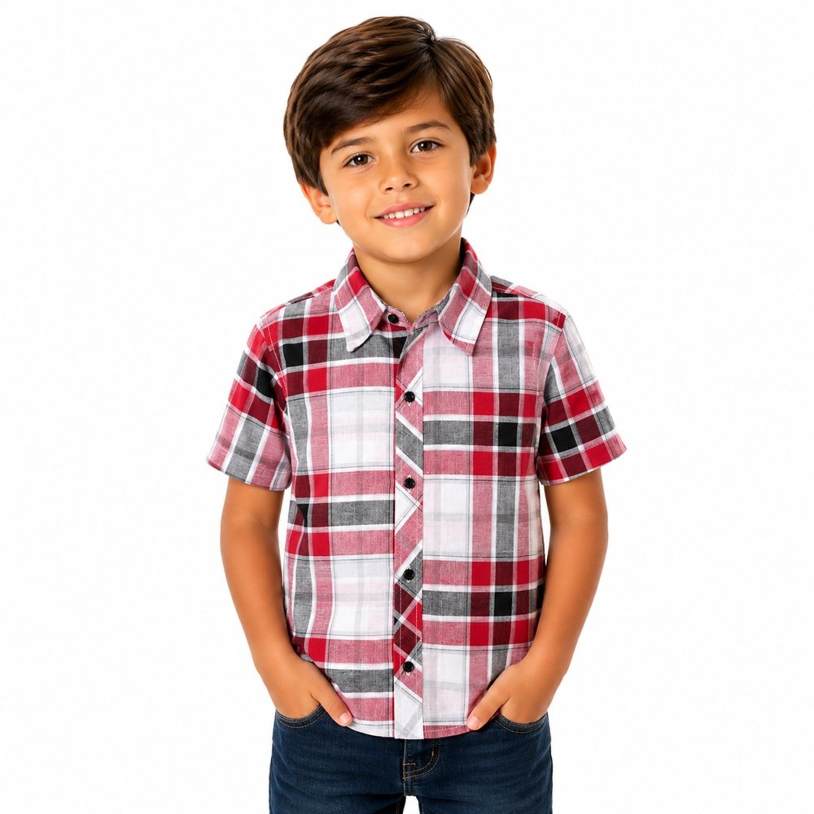 Infantil - Camisa Juvenil Look Jeans Manga Curta Xadrez Vermelho