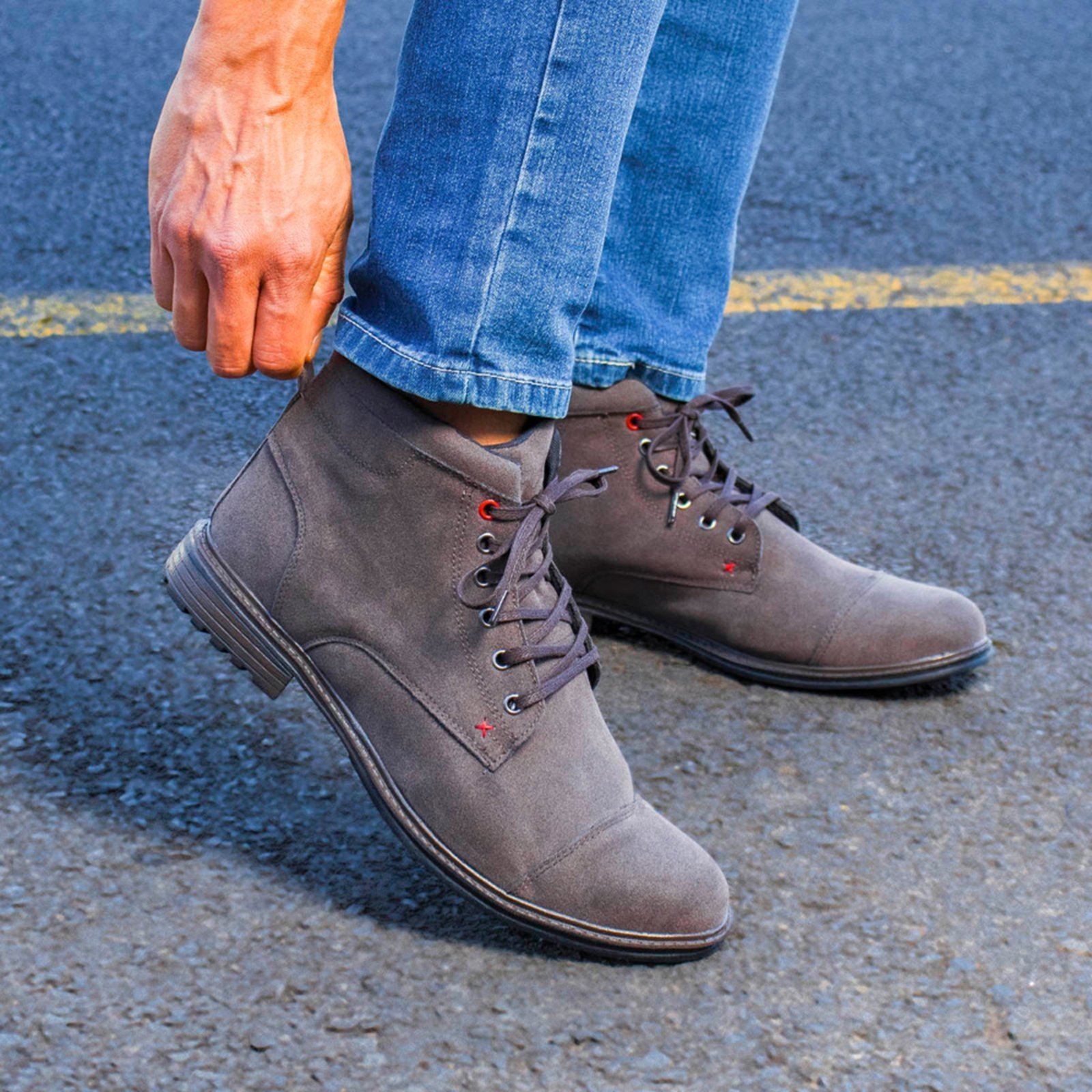 Bota Masculina Casual Confortavel Estilosa De Amarrar Camurça Cinza