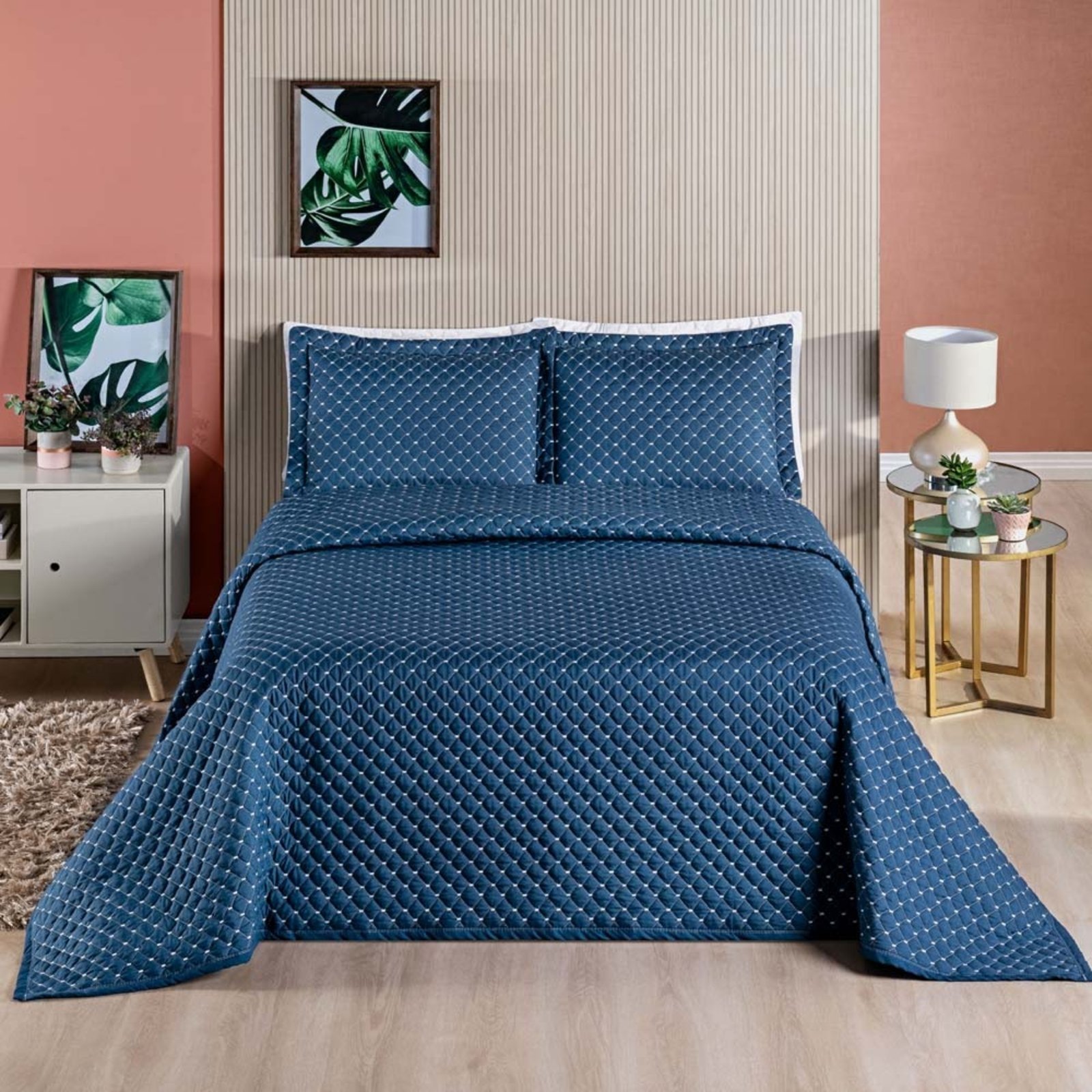 Kit Cobre Leito Colcha Casa Scarpa Vênus King Dupla Face Micropercal 200 Fios Liso 3 Peças - Azul Marinho