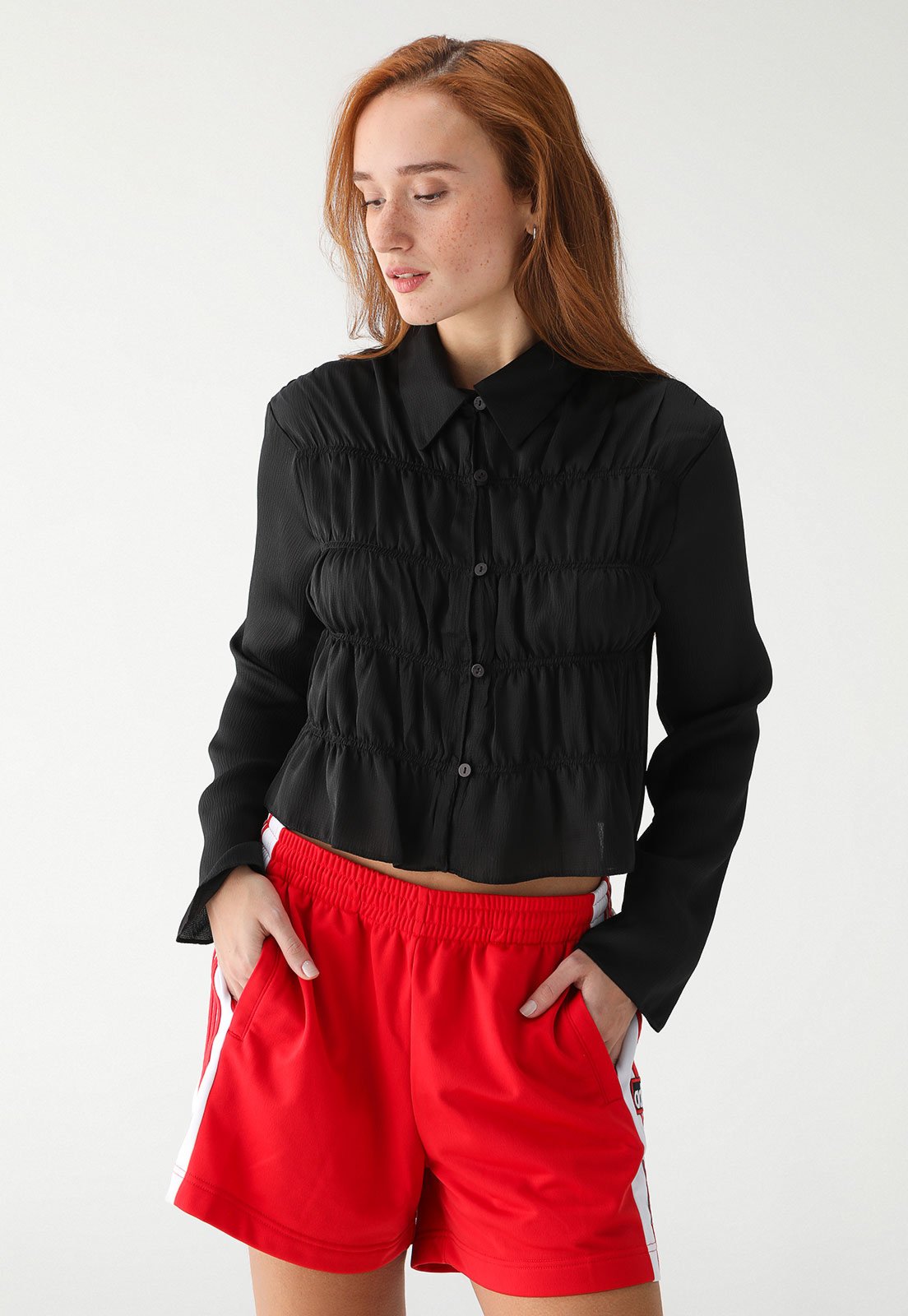 Camisa Cropped TOPSHOP Reta Franzida Preta