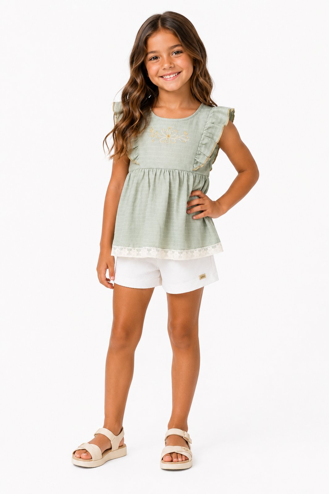 Infantil - Conjunto D Bell Outlet Fashion Bordado Floral Verde e Branco