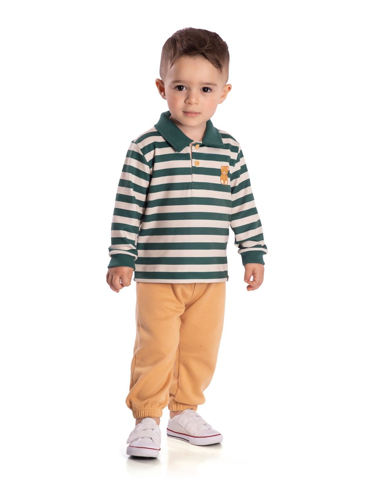 Infantil - Conj. casaco polo listrado verde + calça piquetom caramelo