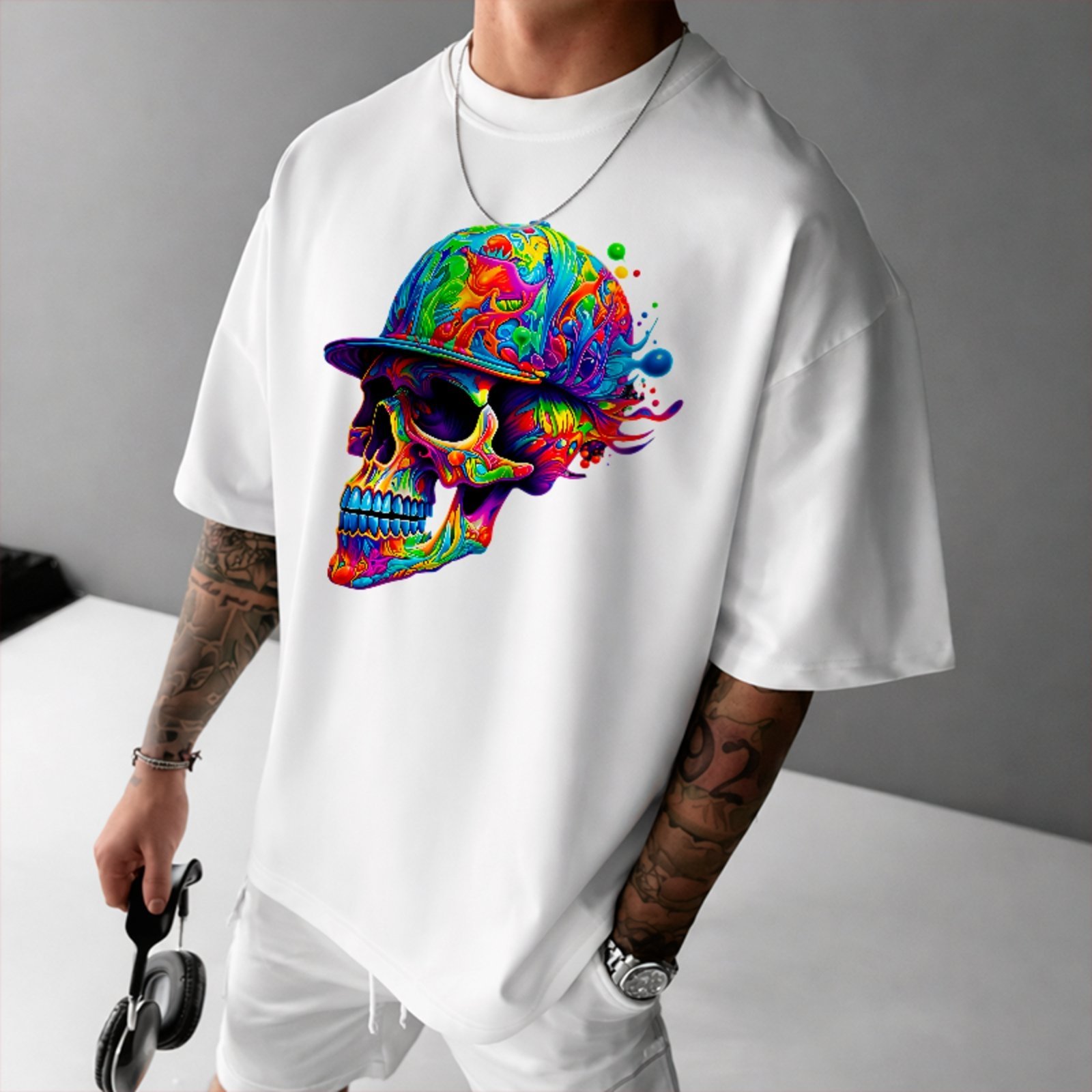 Camiseta Oversized Premium Psychedelic Skull Street Style Unissex Branco