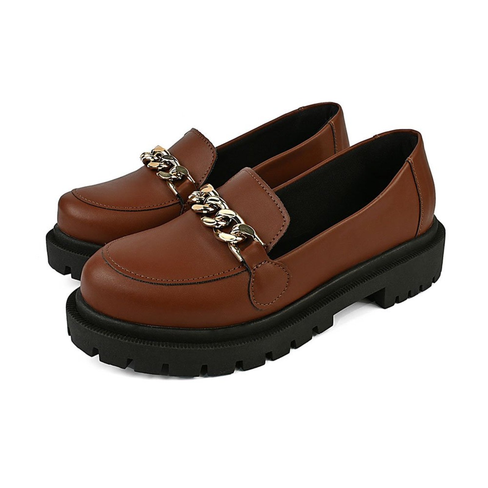 Sapato Feminino Mocassim Tratorado CM Calçados Bico Redondo Confort Terra com corrente