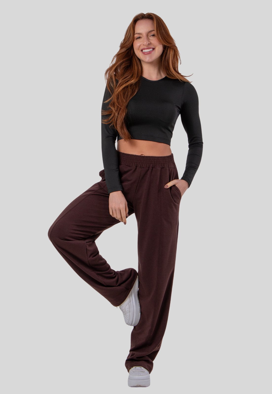 Calça Moletinho Feminina com Bolso Wide Leg Casual Inverno