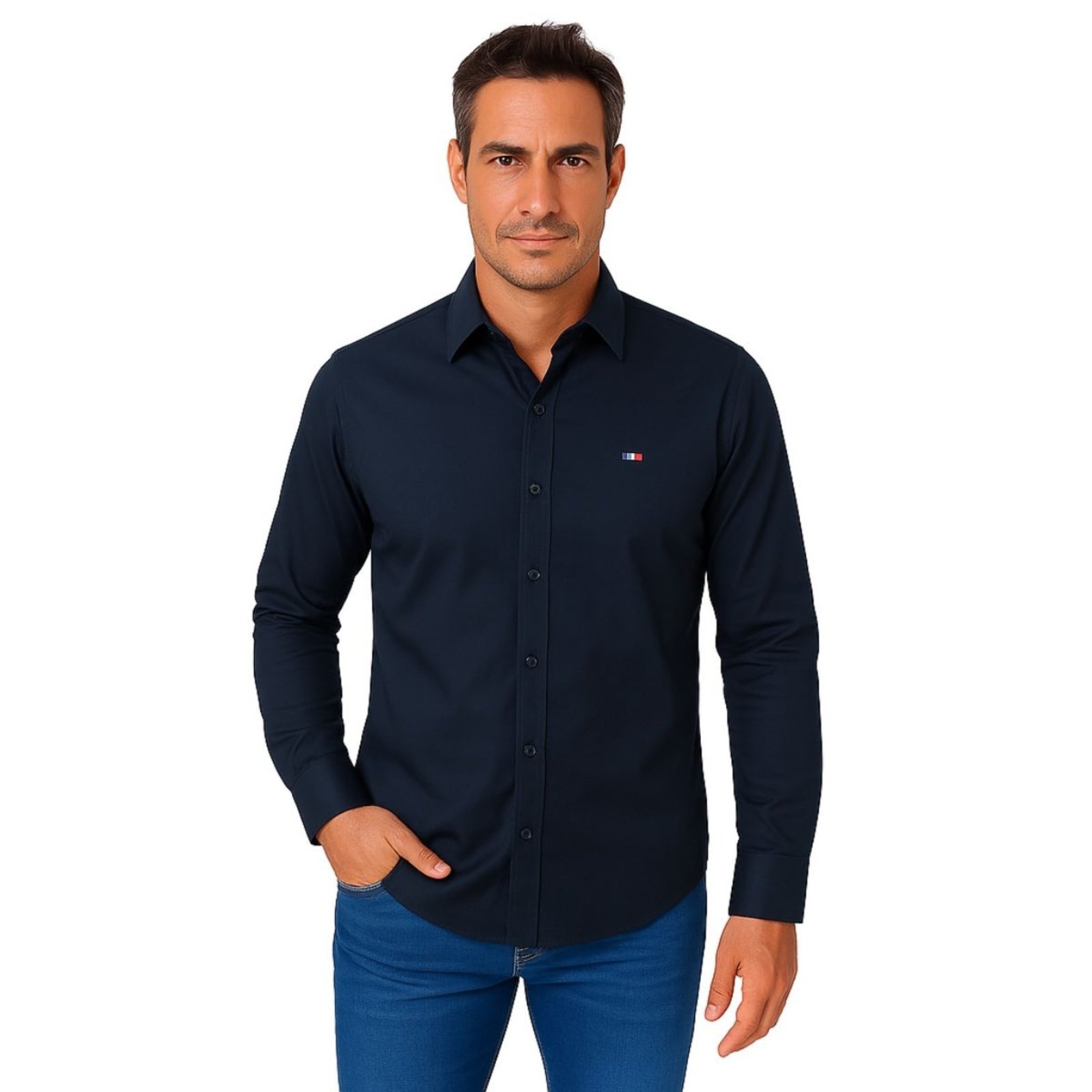 Camisa Social Masculina FMF Marinho Itália Premium Slim Fit Manga Longa