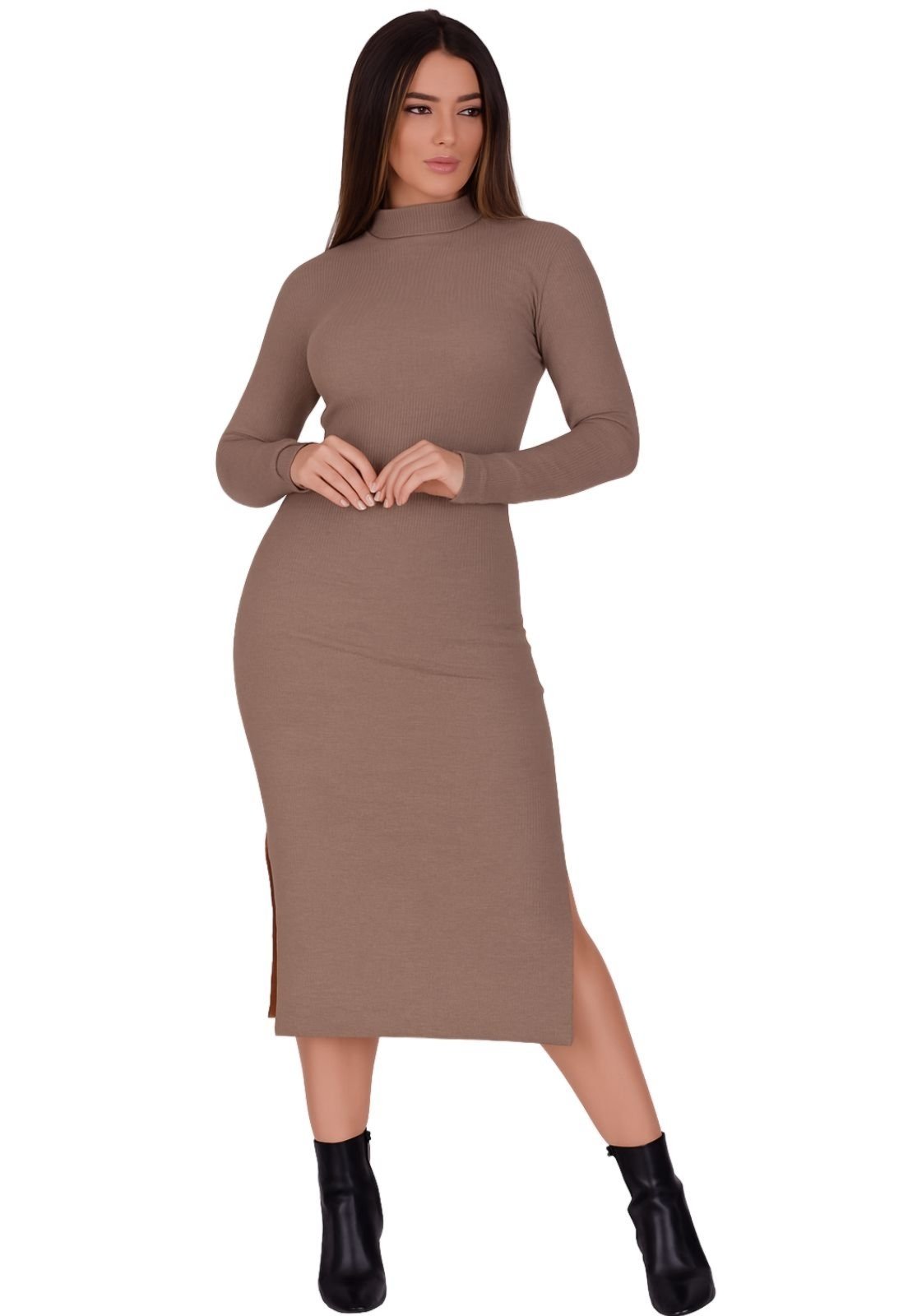 Vestido Manga Longa Gola Alta Terra e Mar Inverno Midi Marrom